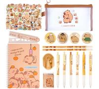 Capybara Stationary Set, Kawaii School Supplies with Cute Notebook Pencil Case Stickers Ruler Gel Pens Pencils Eraser Sharpener Badges Sticky Note, Back to School Gift for Girls Boys Kids Students