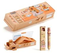 Capybara Stationery Gift Set, Pop Up Multifunction Pencil Case, Ballpoint Pen & Keyring Set, Cartoon Multi Pen Box with Password Lock Sharpener for Office School Children Student Stationery