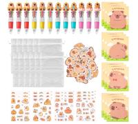 Capybara Stationery Party Gifts, Capybara Party Favors Include 360Pcs Sticky Notes, 12Pcs 4-in-1 Ballpoint Pens, 50Pcs Stickers, 12 Sheets Clear Stickers and 12Pcs Organza Goodie Bag Fillers