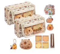 Capybara Stationery Set - 2 Packs Capybara Pencil Case, Large Capacity Capybara Pencil Pouch, Aesthetic Capybara Stationery Bag with 10 Compartments, Includ Pens Stickers Pendant Pins Plush & Memo Pad
