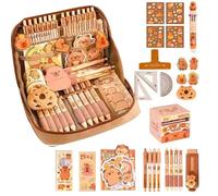 Capybara Stationery Set, Student Pen Bag Organizer Cases with Pens, Clips, Rulers and More, Large Capacity Pencil Pouch for Kids Present,Wide Opening Pencil Bag 64 Pieces Stationery Accessories