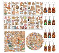 Capybara Stickers & Keychain Set, 12pcs Capybara Key Ring, 50pcs Capybara Cute Stickers,10 Sheets Funny Capybara Temporary Tattoos Stickers Animal Birthday Party Decorations Gifts for Kids Brown