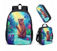 Capybara Sunglasses Lotus Leaf 17 Inch Backpack 3 Piece Set Tropical Jungle Waterfall School Bag Kids Girls Boys (05)