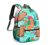 Capybara Water Lily 16 Inch Backpack, Graphic Kids School Bag, Tropical Patterned Art Print, Vibrant Cartoon Nature Design (05)