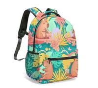 Capybara Water Lily 16 Inch Backpack, Graphic Kids School Bag, Tropical Patterned Art Print, Vibrant Cartoon Nature Design (09)