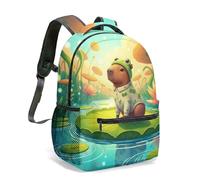 Capybara Water Lily 16 Inch Backpack, Graphic Kids School Bag, Tropical Patterned Art Print, Vibrant Cartoon Nature Design (12)
