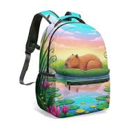 Capybara Water Lily 16 Inch Backpack, Graphic Kids School Bag, Tropical Patterned Art Print, Vibrant Cartoon Nature Design (07)