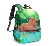 Capybara Water Lily 16 Inch Backpack, Graphic Kids School Bag, Tropical Patterned Art Print, Vibrant Cartoon Nature Design (06)
