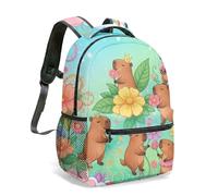 Capybara Water Lily 16 Inch Backpack, Graphic Kids School Bag, Tropical Patterned Art Print, Vibrant Cartoon Nature Design (04)
