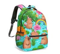 Capybara Water Lily 16 Inch Backpack, Graphic Kids School Bag, Tropical Patterned Art Print, Vibrant Cartoon Nature Design (13)