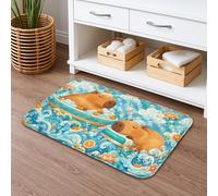 Capybara Watercolor Quick Dry Bath Mat, Ocean Waves Floral Absorbent Non Slip Shower Mat, Summer Decorative Flannel Washable Bath Rugs 20x32 Inch