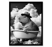 Capybara with Hat in Bathtub Black White Surreal Framed Art Print Artery8 Grey A4