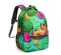 Capybara with Sunglasses on Lotus Leaf by Majestic Waterfall & Hummingbirds 16 Inch Vivid 3D Graphic Print Backpack, Kids School Jungle Tropical Floral Novelty Rucksack Bag (04)