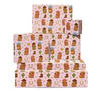 Capybara Wrapping Paper - 6 Sheets Fun Cowboy Gift Wrap For Kids Boys Girls Friends - Birthday Christmas Party - Cute Cartoon Western Hat Pink - Comes With Tags by Central 23