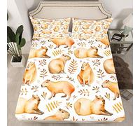 Capybaras Bed Sheets Double Size,Cute Capybara Fitted Sheet for Kids Teens Adults,Funny Animals Bedding Set Capybara Lovers Home Decor,Watercolor Botanical Leaves Bed Cover with 2 Pillowcases