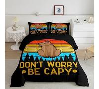 Capybaras Coverless Duvet for Capybara Lovers,Rainbow Funny Capybara Bedding for Kids Boys Bedroom,Woodland Natural Theme Duvet Set,Geoemtric Striped Black Quilt Duvet,Single, Microfiber Soft