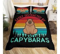 Capybaras Duvet Cover Double 3Pcs,Funny Rainbow Capybara Comforter Cover for Kids Boys Teens,Woodland Hunting Theme Bedding Set,Cute Mouse Rodent Animals Quilt Cover for Capybara Lovers,Black