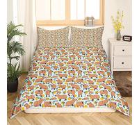 Capybaras Duvet Cover King, Kawaii Capybara Bedding Set, Cute Cartoon Capybara Rodent Animals Comforter Cover, Botanical Leaves Brown Blue Yellow Polka Dots Room Decor Quilt Cover for Children