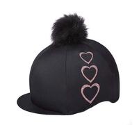 CAPZ Lycra Riding Hat or Skull Cap Cover - Black with Three Glitter Hearts. One Size