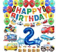 Car 2nd Birthday Decorations Boy - 29pcs Transportation Party Supplies Including Happy Birthday Banner, Truck Latex Balloon, Number 2 Foil Balloons for 2 Year Old Boys