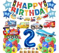 Car 2nd Birthday Decorations Boy - 31 Pcs Transportation Party Decoration Including Happy Birthday Train Plane Fire Truck Foil Balloons for 2 Year Old Racing Cars Party Supplies