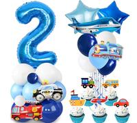 Car 2nd Birthday Decorations Boy - Blue Construction Party Supplies Number Stars Cars Foil Balloons Latex Balloon, Transport Cupcake Topper for 2-Year-Old Kids Vehicle Theme Party Decor