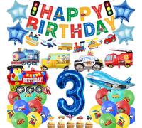Car 3rd Birthday Decorations Boy - 31 Pcs Transportation Party Decoration Including Happy Birthday Train Plane Fire Truck Foil Balloons for 3 Year Old Racing Cars Party Supplies