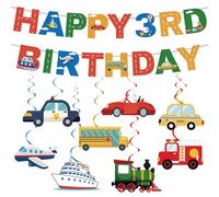 Car 3rd Birthday Decorations Boys - 10 Pcs Transportation Themed Decor Including Happy 3rd Birthday Banner Train Plane Fire Truck Hanging Swirls for 3 Year Old Boys Party Supplies
