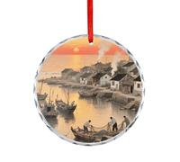 Car Accessories Sunset at The Fishing Village Printed Rearview Mirror Pendants Suitable for Decorating Christmas Trees Offices Fireplaces Car Interiors Or Anywhere You Want to Decorate