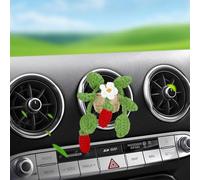Car Air Intake Decoration, Botanical Crochet Handmade Cute Mini Hanging Basket Vent Clip, Car Accessory Gift Home Decor with Horizontal Clip (Strawber+Flower)