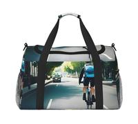 Car and Bicycle Print Stylish Foldable Carry On Tote with Waterproof Zipper for Weekend Getaways Bag