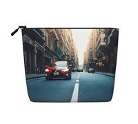 Car and Bike Print Fake Hemp Makeup Bag Single Layer Red Zipper Bag Women Accessories Black One Size Black One Size, Black/White, One Size