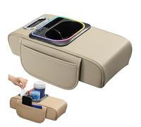 Car Armrest Cushion, Leather Center Console Cover with Storage Bags, Phone Slot, Charging Port, Tissue Holder and Cup Holder for SUV, Motorhome, Truck, Beige.