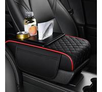 Car Armrest Cushion Pad with Cup Holder & Tissue Box & Storage Pocket, 5-In-1 Upgraded Arm Rest Cover Pad for Car Accessories Interior, Grid, Black - Red