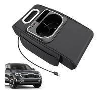 Car Armrest - Thick Raising Mat with Cup Holder - Centre Console Pad with Side Pocket, Ambient Lighting, USB Port, for Vehicle Interior, Car, SUV and