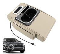 Car Armrest , Thick Raising Mat with Drink Holder, with Side Pocket, Ambient Lighting, USB Port & Adjustable Armrest, for Vehicle Interior, Car, SUV and