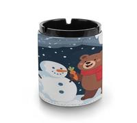 Car Ashtray Bear Making A Snowman Printed Portable Ashtray Windproof Suitable for Living Room Bedroom Conference Room Office And Car Interior Decoration