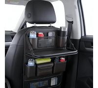 Car Backseat Organizer, Leather Seat Back Storage with Foldable Table Tray Tablet Holder Kick Mats, Multifunctional Rear storage Hanging bag, Cars Accessories for Travel Daily Use (1, Black)