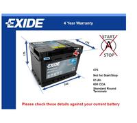 Car Battery EA612 Exide 075 600A 61Ah 4Yr Warranty 242x175x175 Premium