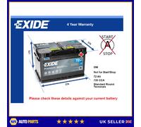Car Battery EA722 Exide 096 720A 72Ah 4Yr Warranty 278x175x175 Premium