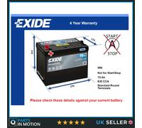 Car Battery EA755 Exide 069 630A 75Ah 4Yr Warranty 270x173x222 Premium