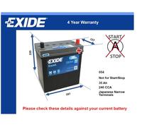 Car Battery EB356 Exide 054 240A 35Ah 4Yr Warranty 187x127x220 Excell