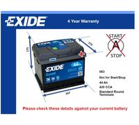 Car Battery EB442 Exide 063 420A 44Ah 4Yr Warranty 207x175x175 Excell