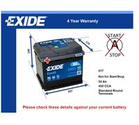 Car Battery EB501 Exide 077 450A 50Ah 4Yr Warranty 207x175x190 Excell