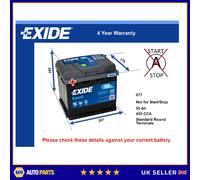 Car Battery EB501 Exide 077 450A 50Ah 4Yr Warranty 207x175x190 Excell