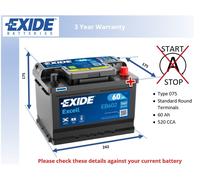 Car Battery EB602 Exide 075 540A 60Ah 4Yr Warranty 242x175x175 Excell