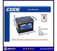 Car Battery EB621 Exide 078 540A 62Ah 4Yr Warranty 242x175x190 Excell