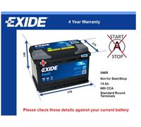 Car Battery EB741 Exide 096R 680A 74Ah 4Yr Warranty 278x175x190 Excell