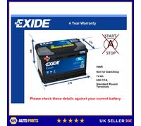 Car Battery EB741 Exide 096R 680A 74Ah 4Yr Warranty 278x175x190 Excell