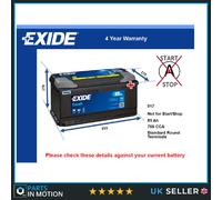 Car Battery EB852 Exide 017 760A 85Ah 4Yr Warranty 353x175x175 Excell